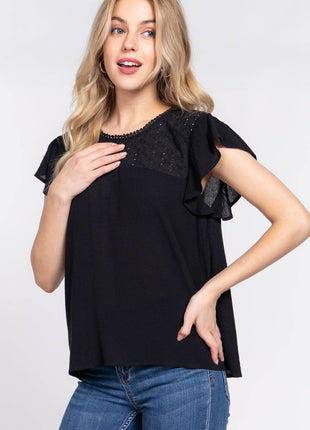 ACTIVE BASIC Ruffle Short Sleeve Crochet Blouse - MimiStylez