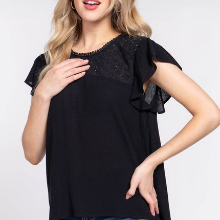ACTIVE BASIC Ruffle Short Sleeve Crochet Blouse - MimiStylez