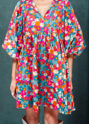 Floral Tie Neck Puff Sleeve Mini Dress - MimiStylez