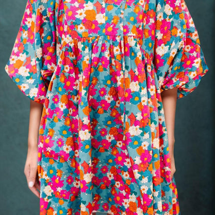 Floral Tie Neck Puff Sleeve Mini Dress - MimiStylez