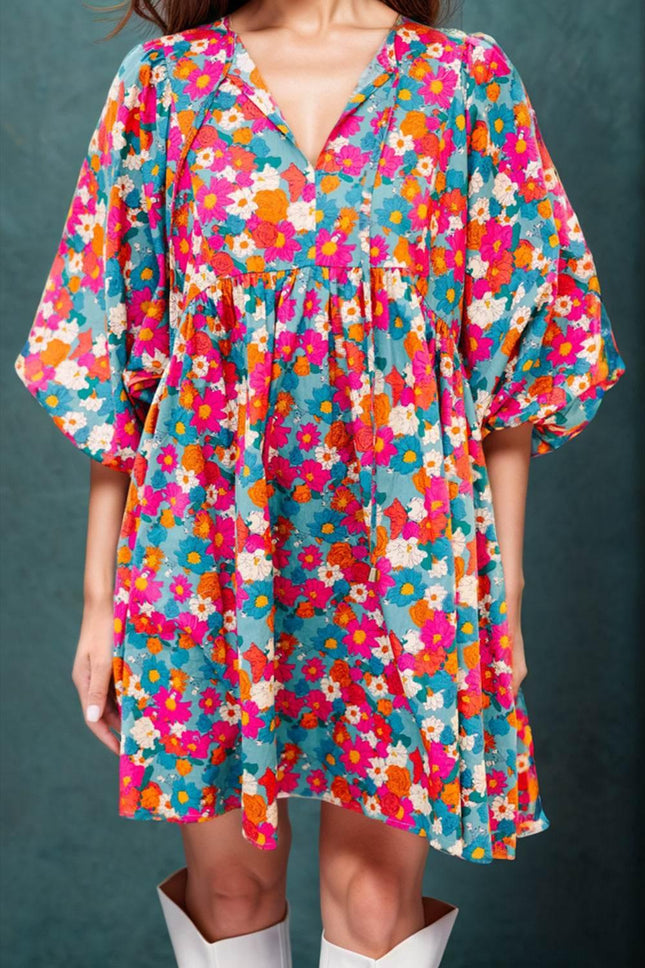 Floral Tie Neck Puff Sleeve Mini Dress - MimiStylez
