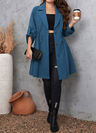 Plus Size Lapel Collar Drawstring Roll-Tab Sleeve Trench Coat - MimiStylez