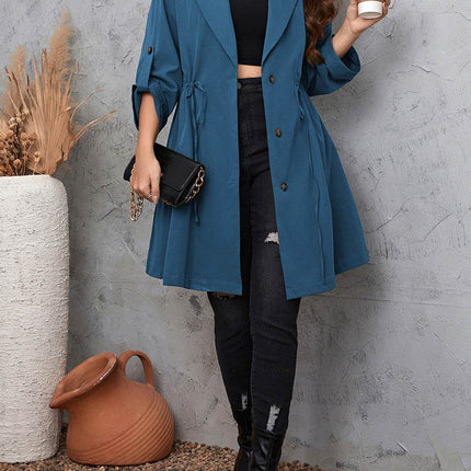Plus Size Lapel Collar Drawstring Roll-Tab Sleeve Trench Coat - MimiStylez