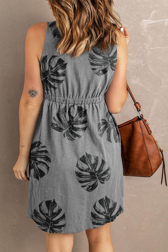 Buttoned Round Neck Sleeveless Mini Magic Dress - MimiStylez