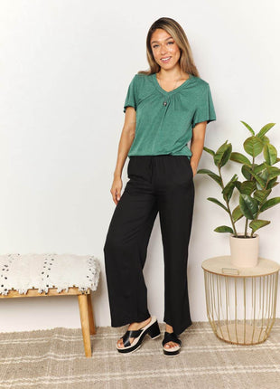 Double Take Ruched V-Neck Short Sleeve T-Shirt - MimiStylez