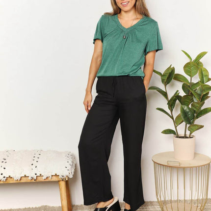 Double Take Ruched V-Neck Short Sleeve T-Shirt - MimiStylez