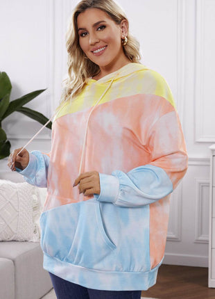 Plus Size Drawstring Color Block Dropped Shoulder Hoodie - MimiStylez