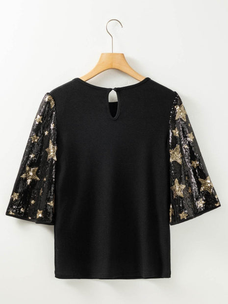 Sequin Round Neck Half Sleeve Blouse - MimiStylez