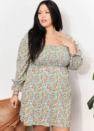 Floral Smocked Flounce Sleeve Square Neck Dress - MimiStylez