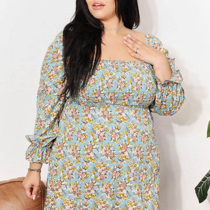 Floral Smocked Flounce Sleeve Square Neck Dress - MimiStylez