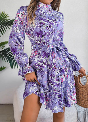 Printed Mock Neck Flounce Sleeve Mini Dress - MimiStylez