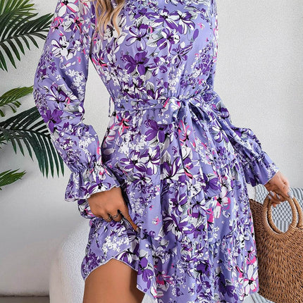 Printed Mock Neck Flounce Sleeve Mini Dress - MimiStylez