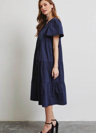 HEYSON Full Size Cotton Poplin Ruffled Tiered Midi Dress - MimiStylez