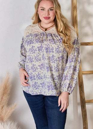 Hailey & Co Full Size Lace Detail Printed Blouse - MimiStylez