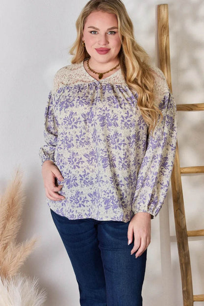 Hailey & Co Full Size Lace Detail Printed Blouse - MimiStylez