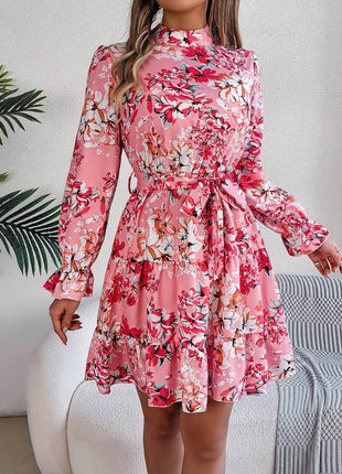 Printed Mock Neck Flounce Sleeve Mini Dress - MimiStylez