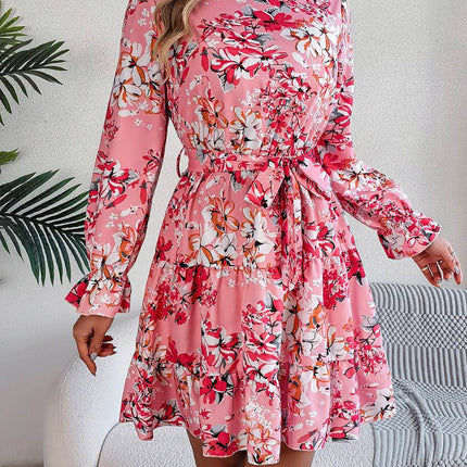Printed Mock Neck Flounce Sleeve Mini Dress - MimiStylez
