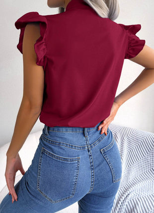 Tie Neck Cap Sleeve Blouse - MimiStylez