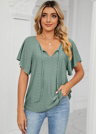 Eyelet Tie-Neck Flutter Sleeve Top - MimiStylez