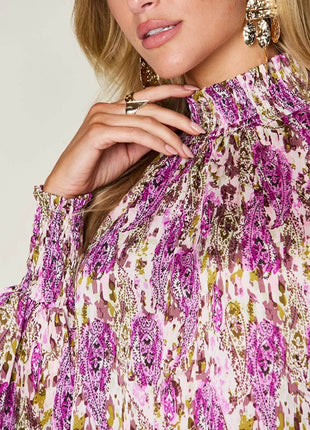 Double Take Full Size Printed Smocked Long Sleeve Blouse - MimiStylez