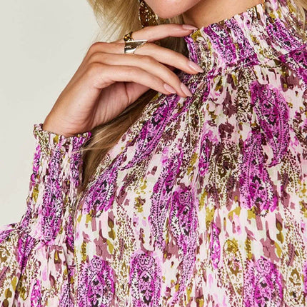 Double Take Full Size Printed Smocked Long Sleeve Blouse - MimiStylez