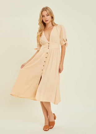HEYSON Full Size Textured Linen V-Neck Button-Down Midi Dress - MimiStylez