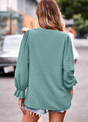 Swiss Dot Notched Neck Flounce Sleeve Blouse - MimiStylez