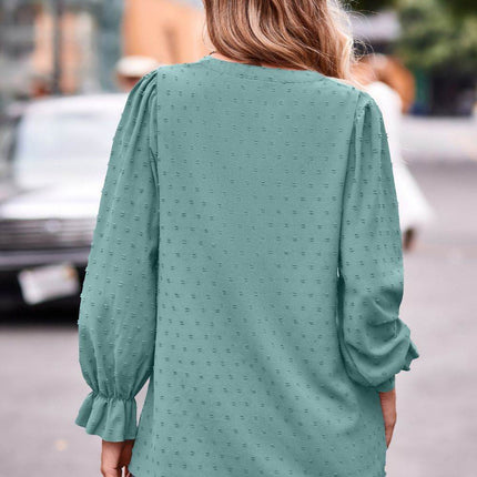 Swiss Dot Notched Neck Flounce Sleeve Blouse - MimiStylez