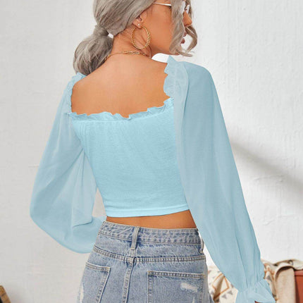 Mesh Sweetheart Neck Flounce Sleeve Top - MimiStylez