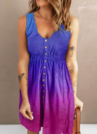 Buttoned Round Neck Sleeveless Mini Magic Dress - MimiStylez