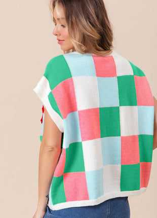BiBi Flower Patch Checkered Sweater Vest - MimiStylez