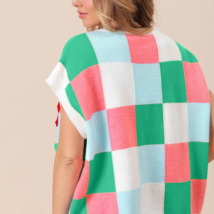 BiBi Flower Patch Checkered Sweater Vest - MimiStylez