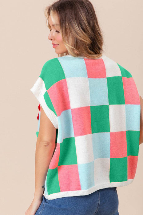 BiBi Flower Patch Checkered Sweater Vest - MimiStylez