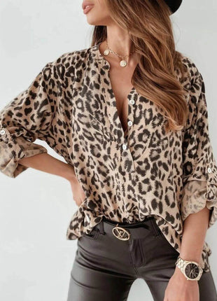 Full Size Leopard Print Roll-Tab Sleeves Blouse Plus Size - MimiStylez
