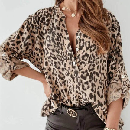 Full Size Leopard Print Roll-Tab Sleeves Blouse Plus Size - MimiStylez