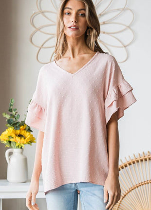 Heimish Full Size Swiss Dot Ruffle Short Sleeve Top - MimiStylez