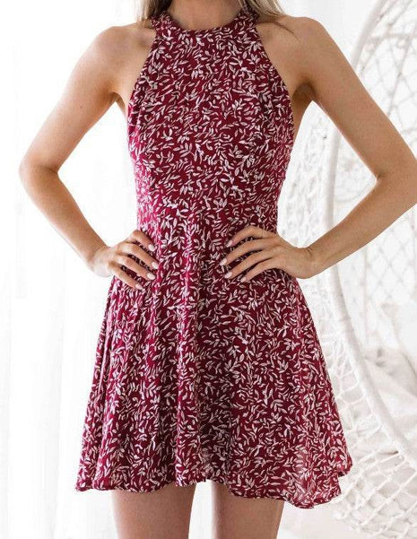 Sexy Halter Featured Backless Mini Print Dress - MimiStylez