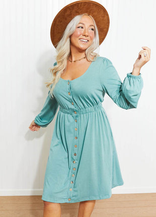 Scoop Neck Empire Waist Long Sleeve Mini Dress - MimiStylez