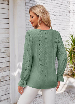 Applique V-Neck Flounce Sleeve T-Shirt - MimiStylez