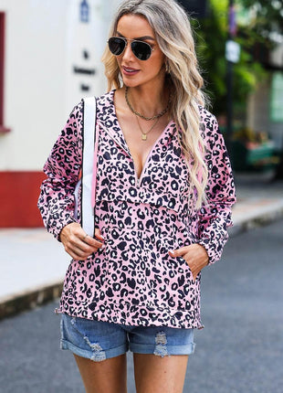 Drawstring Leopard Half Zip Hoodie - MimiStylez