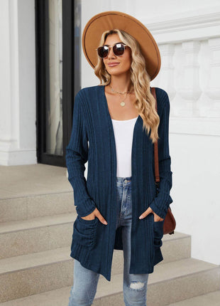 Pocketed Open Front Long Sleeve Cardigan - MimiStylez