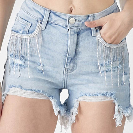 RISEN Frayed Hem Denim Shorts with Fringe Detail Pockets - MimiStylez