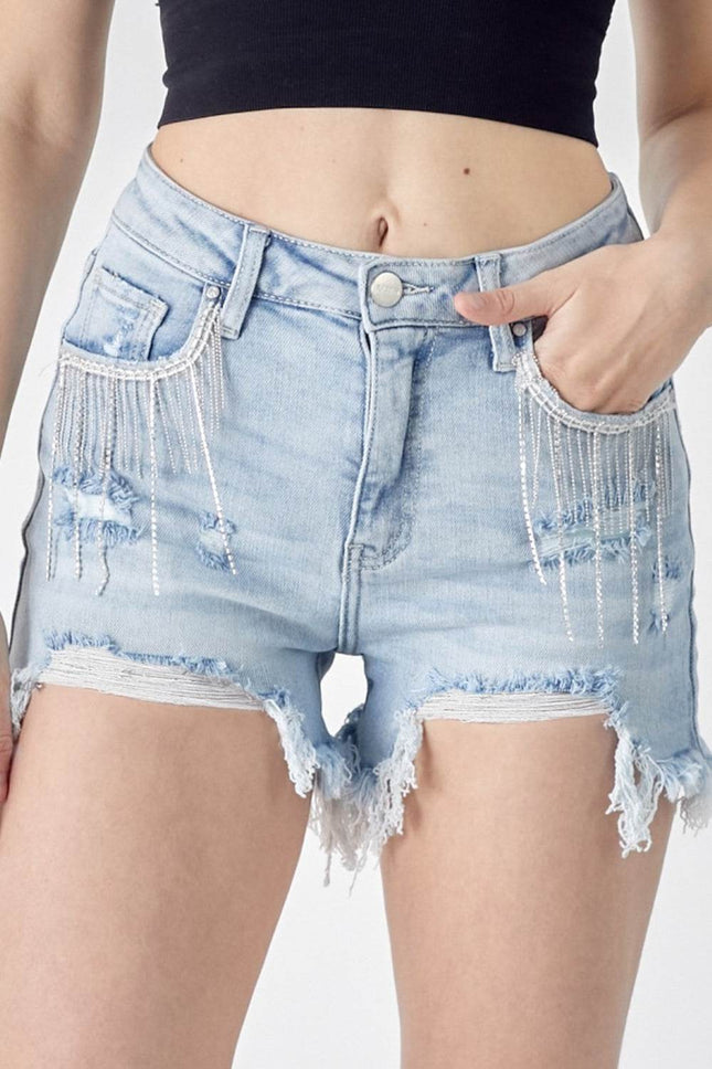 RISEN Frayed Hem Denim Shorts with Fringe Detail Pockets - MimiStylez