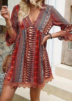 Lace Trim Printed V-Neck 3/4 Sleeve Dress - MimiStylez