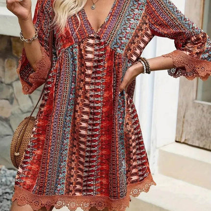 Lace Trim Printed V-Neck 3/4 Sleeve Dress - MimiStylez