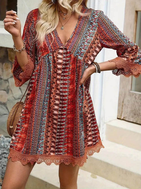 Lace Trim Printed V-Neck 3/4 Sleeve Dress - MimiStylez