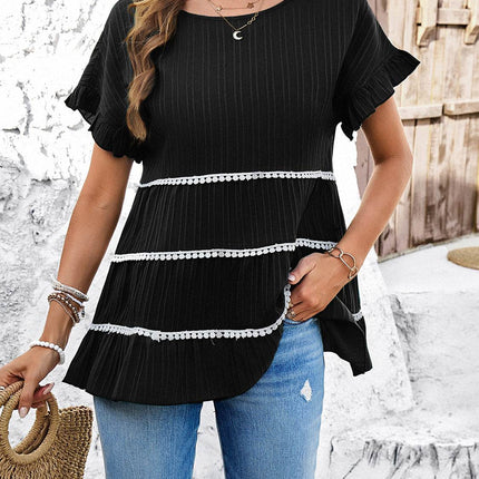 Round Neck Flounce Sleeve Blouse - MimiStylez