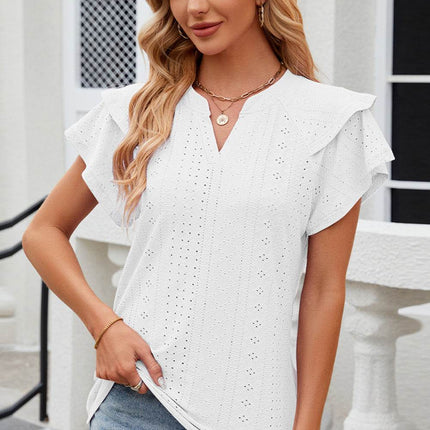 Eyelet Notched Flutter Sleeve T-Shirt - MimiStylez