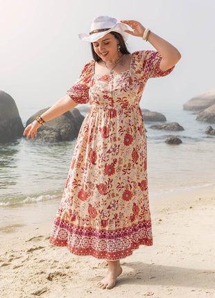 Plus Size Printed Square Neck Ruffle Hem Dress - MimiStylez