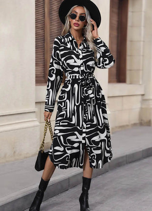 Perfee Printed Tie Front Collared Neck Slit Shirt Dress - MimiStylez
